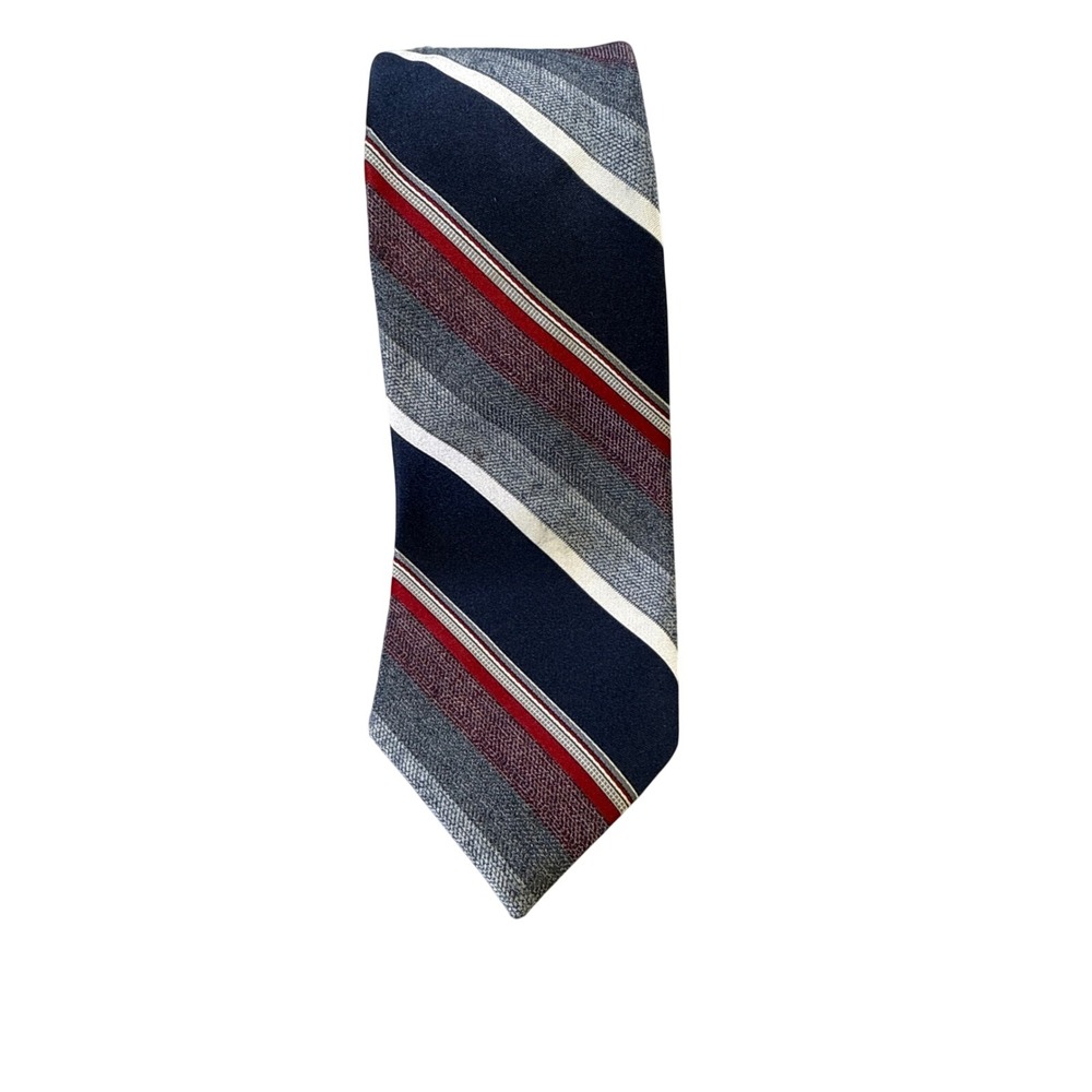 Austin Manor Mens Silk Blend Striped Necktie Navy Blue Grey Burgundy Red White